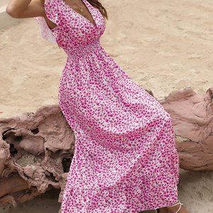 New Ditsy Floral Print Butterfly Sleeve Shirred Ruffle Hem Dress Pink